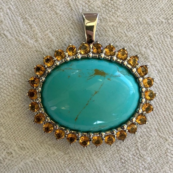 [vintage] Sterling Silver, Turquoise & Citrine Statement Pendant - Picture 7 of 13